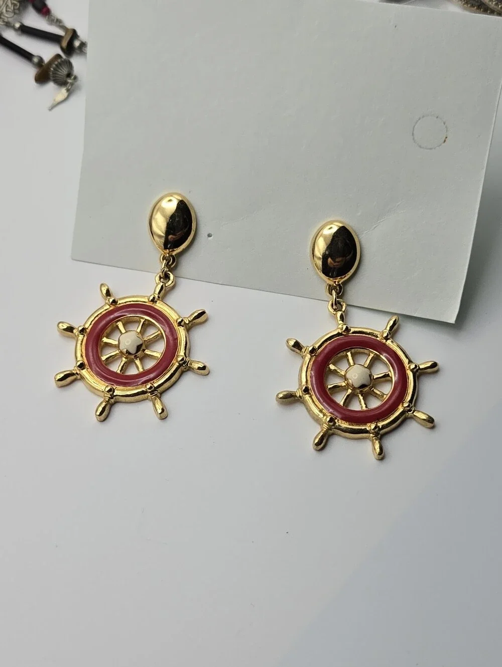 Avon Gold & Red Nautical Ship Wheel Earrings Vintage Style